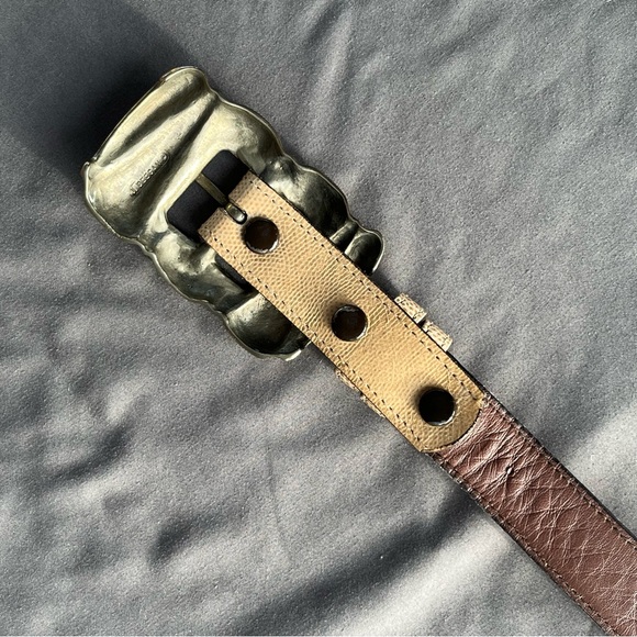 Vintage 80s Jeff Deegan Designs Tan & Cream Lizard Women’s S brass buckle belt - Picture 4 of 9